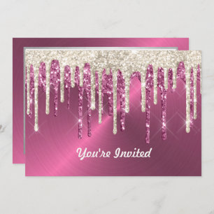 Modern Pink Metal Beige Glitter Drips Birthday Invitation
