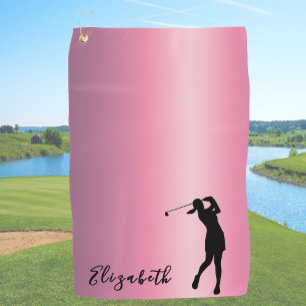 Modern Pink Metallic Look Lady Golfer Custom Name Golf Towel