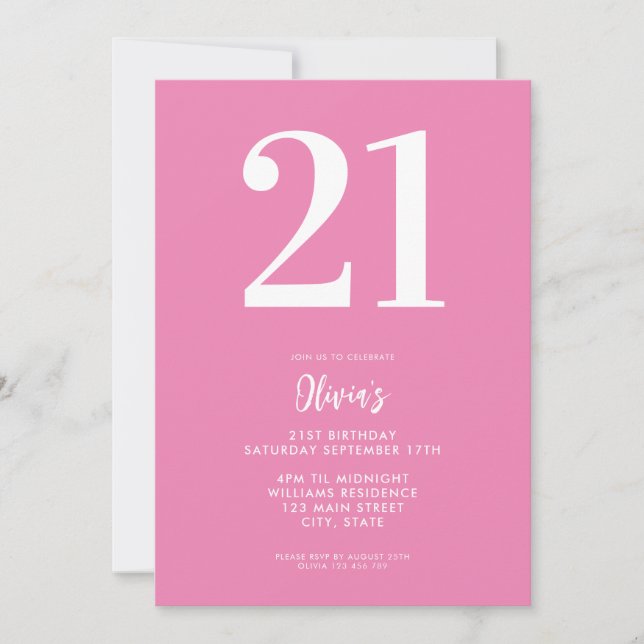 Modern Pink Minimal 21st Birthday Invitation (Front)