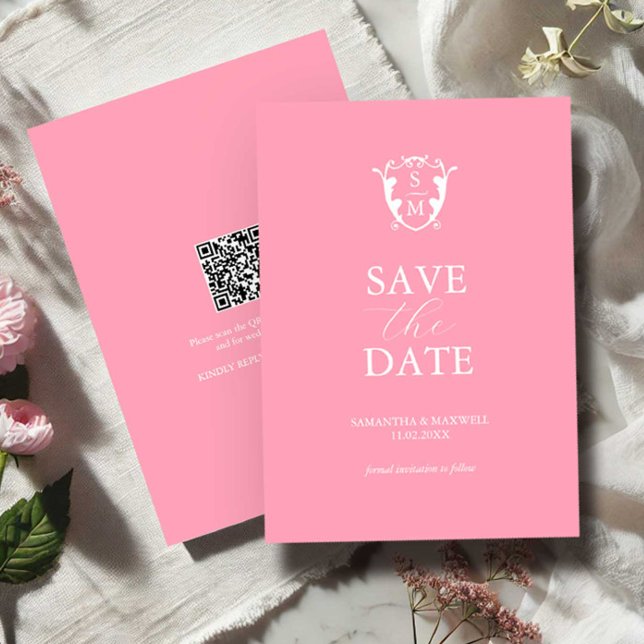 Modern Pink Minimal Save The Date (Monogrammed save the date wedding invitation with QR-code )