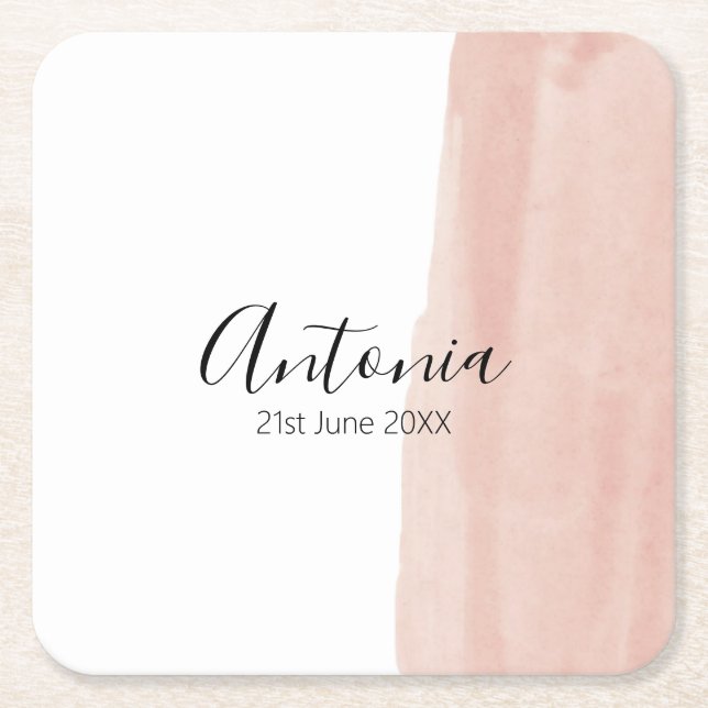 Modern Pink Minimal Script Name Square Paper Coaster (Front)