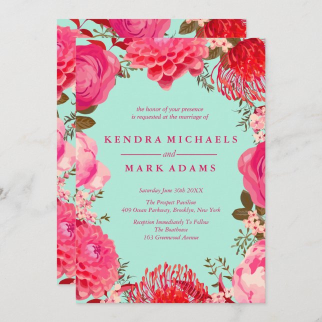 Modern, Pink & Mint Floral Wreath Invitations (Front/Back)