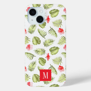 Modern Pink Monogram Botanical Palm Leaves iPhone 15 Case