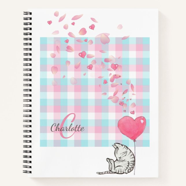 Modern Pink Monogram Cute Cat Notebook (Front)