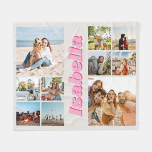 Modern Pink Monogram Personalised 10 Photo Collage Fleece Blanket