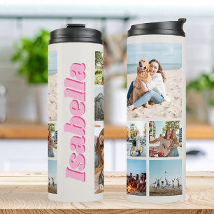 Modern Pink Monogram Personalised 10 Photo Collage Thermal Tumbler