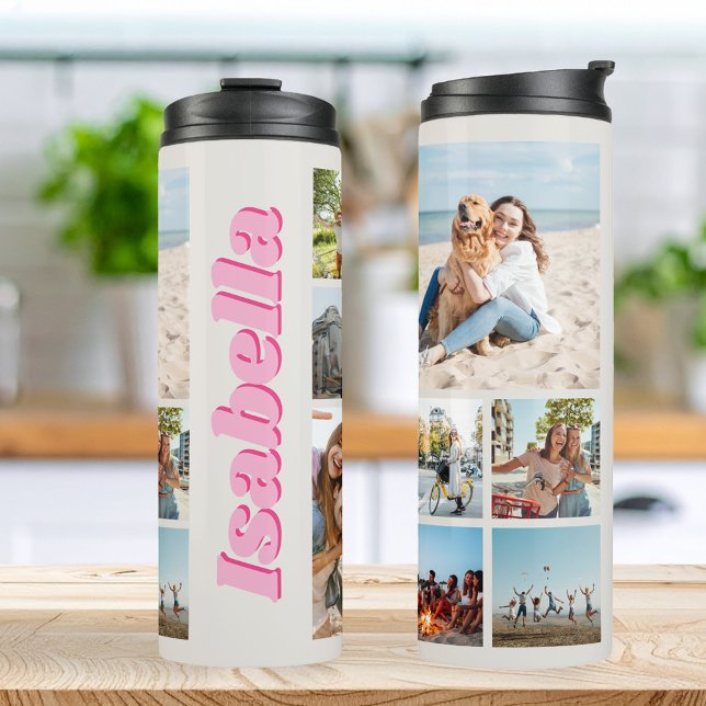 Modern Pink Monogram Personalised 10 Photo Collage Thermal Tumbler (Creator Uploaded)