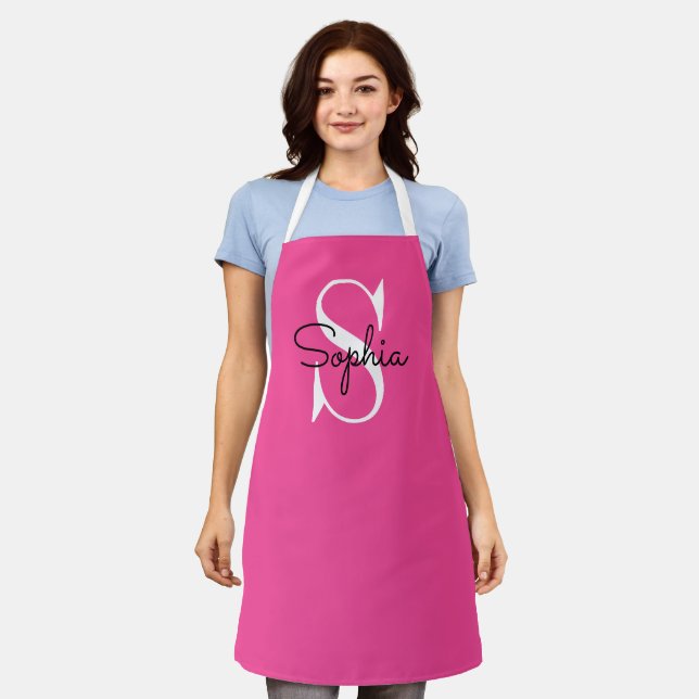 Modern Pink Monogram Personalised Name Apron (Worn)