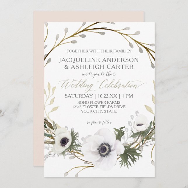 Modern Pink n White Twig Eucalyptus Wreath Wedding Invitation (Front/Back)