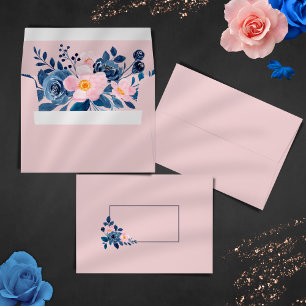Modern Pink & Navy Blue Watercolor Floral Wedding Envelope