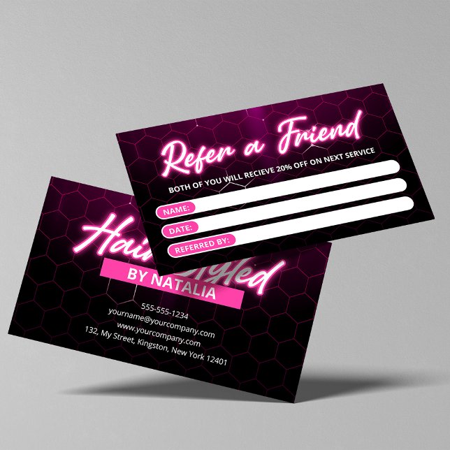 Modern  Pink Neon Hair Salon Refer a Friend Referral Card (Creator Uploaded)
