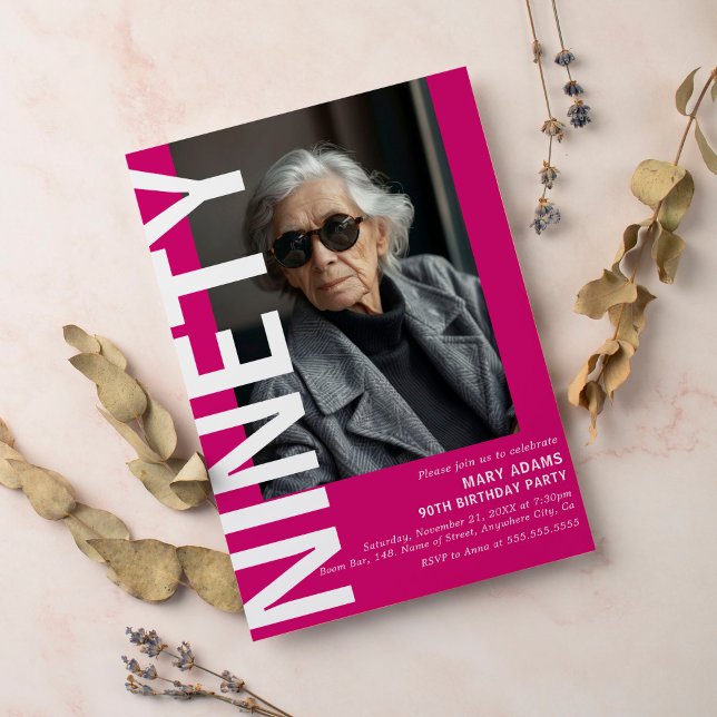 Modern Pink NINETY Photo 90th Birthday Party Invitation (Creator Uploaded)