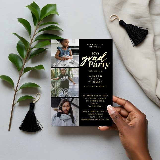 Modern Pink Now & Then 3 Photo Graduation Party (Modern Pink Now & Then 3 Photo Graduation Party Foil Invitation)