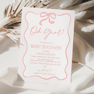 Modern Pink Oh Girl Bow Baby Shower Invitation