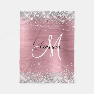 Modern Pink Ombre Foil Silver Glitter Monogram Fleece Blanket