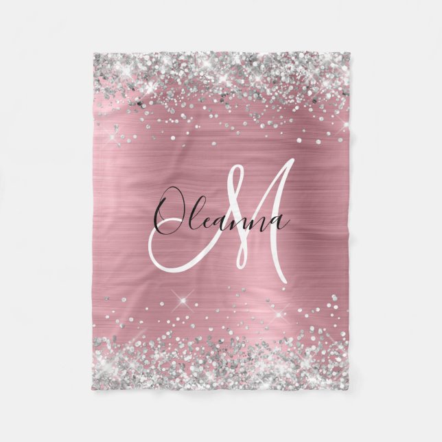 Modern Pink Ombre Foil Silver Glitter Monogram Fleece Blanket (Front)