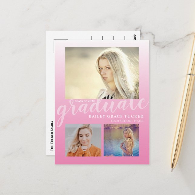 Modern Pink Ombre Girly Graduate Graduation Party Postcard (Front/Back In Situ)