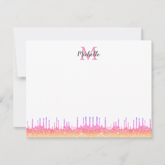 Modern Pink Ombre Glitter Drips Script Monogrammed Card (Front)