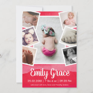 Modern Pink Ombre Watercolor Photo Collage Girl Announcement