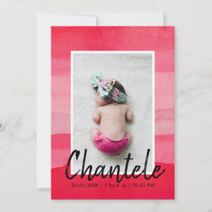 Modern Pink Ombre Watercolor Photo Girl Birth Announcement