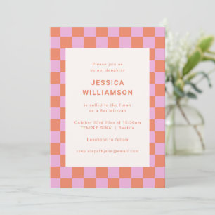 Modern Pink Orange Bat Mitzvah Party Chequerboard Invitation