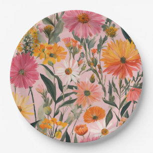 Modern Pink Orange Boho Floral Paper Plate
