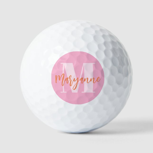 Modern Pink Orange BoId Initial Personalised Golf Balls (Front)