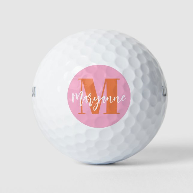 Modern Pink Orange BoId Initial Personalised Golf  Balls (Front)