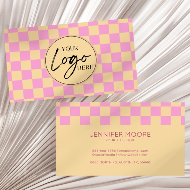 Modern Pink Orange Chequered Custom Company Logo Business Card (Creator Uploaded)