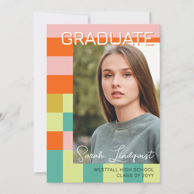 Modern Pink Orange Color Blocks Photo Graduation Invitation (Front)