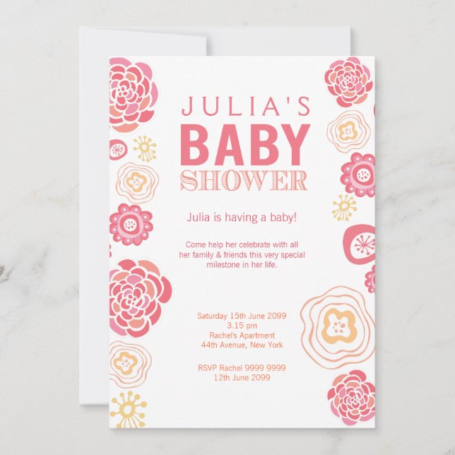 Modern Pink & Orange Floral Baby Shower Invite (Front)