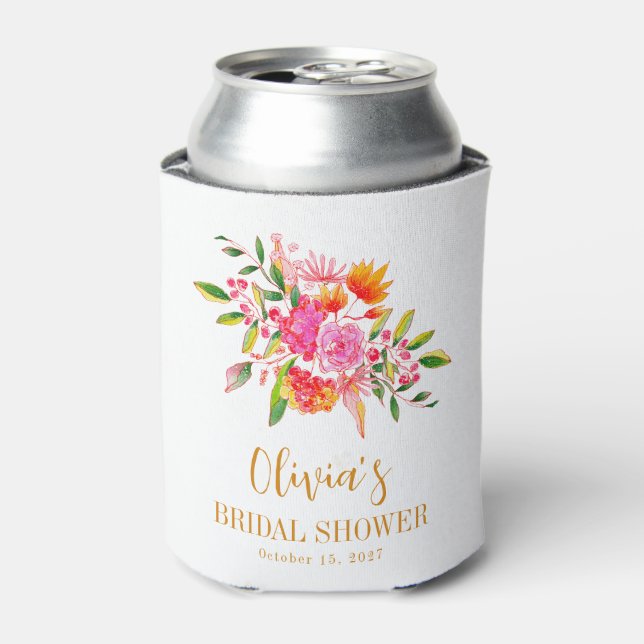 Modern Pink Orange Floral Bridal Shower Custom Can Cooler (Can Front)