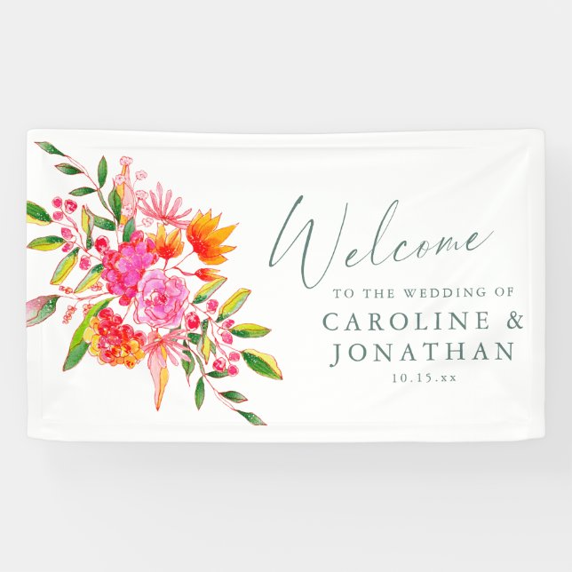Modern Pink Orange Floral Custom Wedding Welcome Banner (Horizontal)