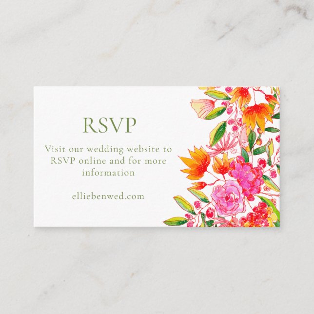 Modern Pink Orange Floral Green Suite RSVP Online Enclosure Card (Front)