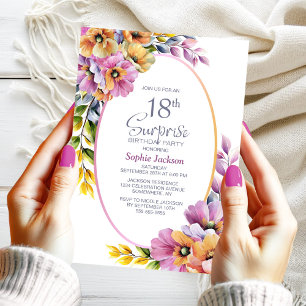 Modern Pink Orange Floral Surprise 18th Birthday Invitation
