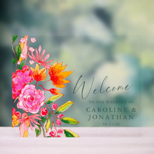 Modern Pink Orange Floral Wedding Welcome Acrylic Sign