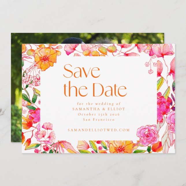 Modern Pink Orange Flowers Wedding Photo Back Save The Date (Front/Back)