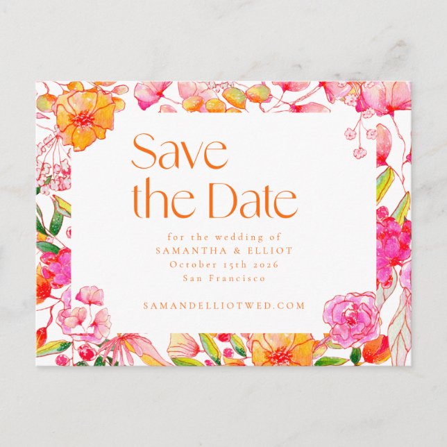 Modern Pink Orange Flowers Wedding QR Code Postcard (Front)