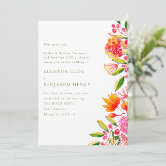 Modern Pink Orange Green Floral Formal Wedding Invitation