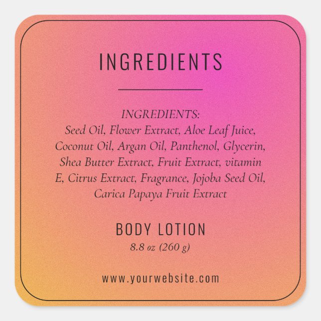 Modern Pink Orange Ingredient List Product Label (Front)