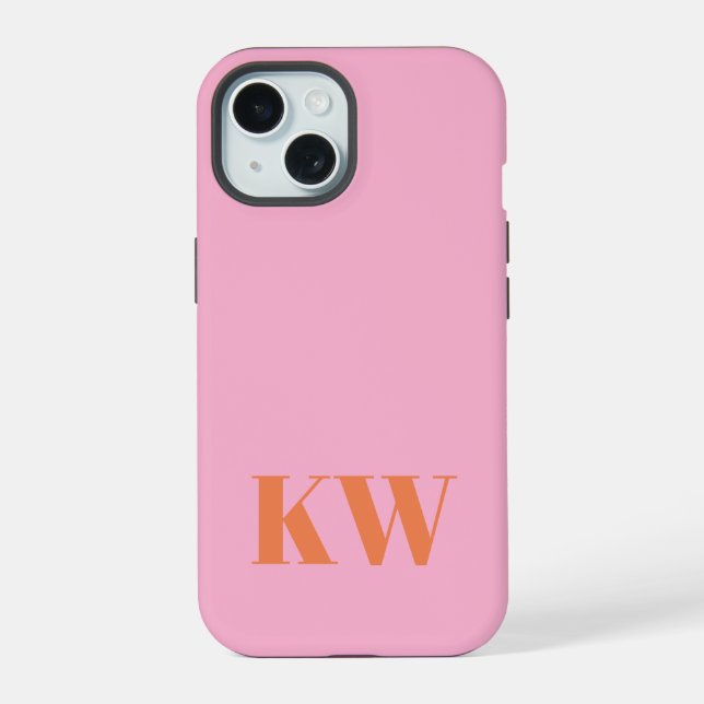 Modern Pink Orange Monogram Initials Personalised iPhone 15 Case (Back)
