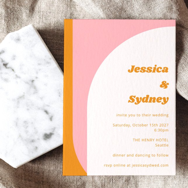 Modern Pink Orange Retro Arch Wedding Bold Invitation (Creator Uploaded)