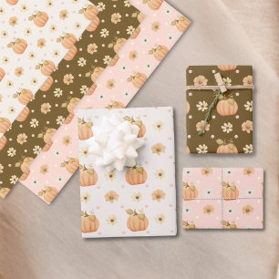 Modern Pink Orange Terracotta Pumpkin Floral Fall Wrapping Paper Sheet