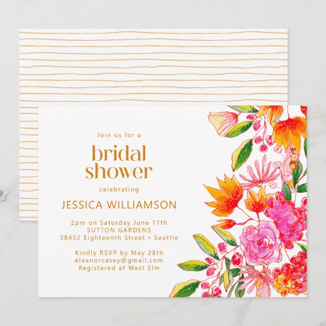 Modern Pink Orange Watercolor Floral Bridal Shower Invitation (Front/Back)