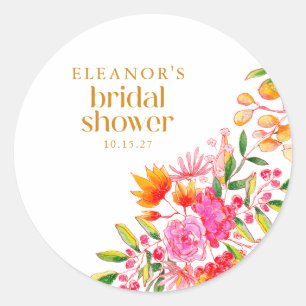 Modern Pink Orange Watercolor Flower Bridal Shower Classic Round Sticker