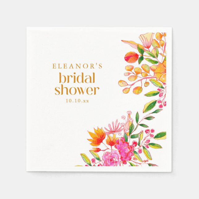 Modern Pink Orange Watercolor Flower Bridal Shower Napkin (Front)