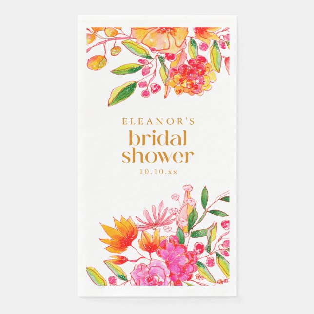 Modern Pink Orange Watercolor Flower Bridal Shower Napkin (Front)
