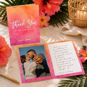 Modern Pink Orange Watercolor Wedding Photo Thank You Card