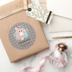 Modern Pink Owl Floral & Grid Baby Shower Classic Round Sticker
