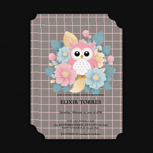 Modern Pink Owl Floral & Grid Baby Shower Invitation (Creator Uploaded)